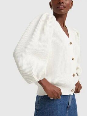 G Label Gwyn by Goop Hill Ribbed Puff Sleeve Cardigan Sweater in Ivory Small